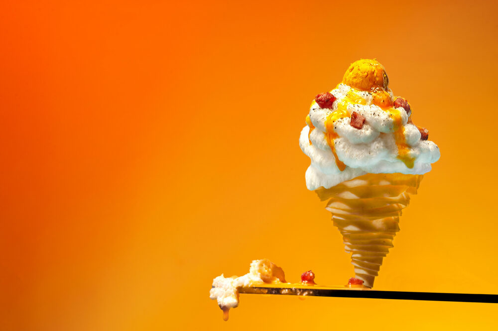 Photography of a carbonara inspired ice cream