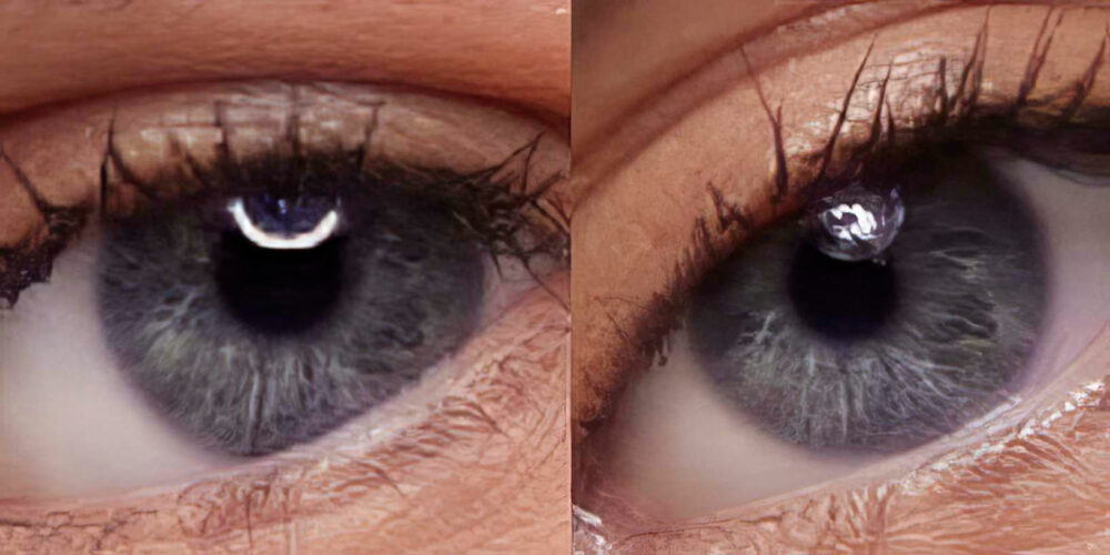 Eye close-up: A BEAUTY DISH WITHOUT (L) AND WITH A GRID (R).